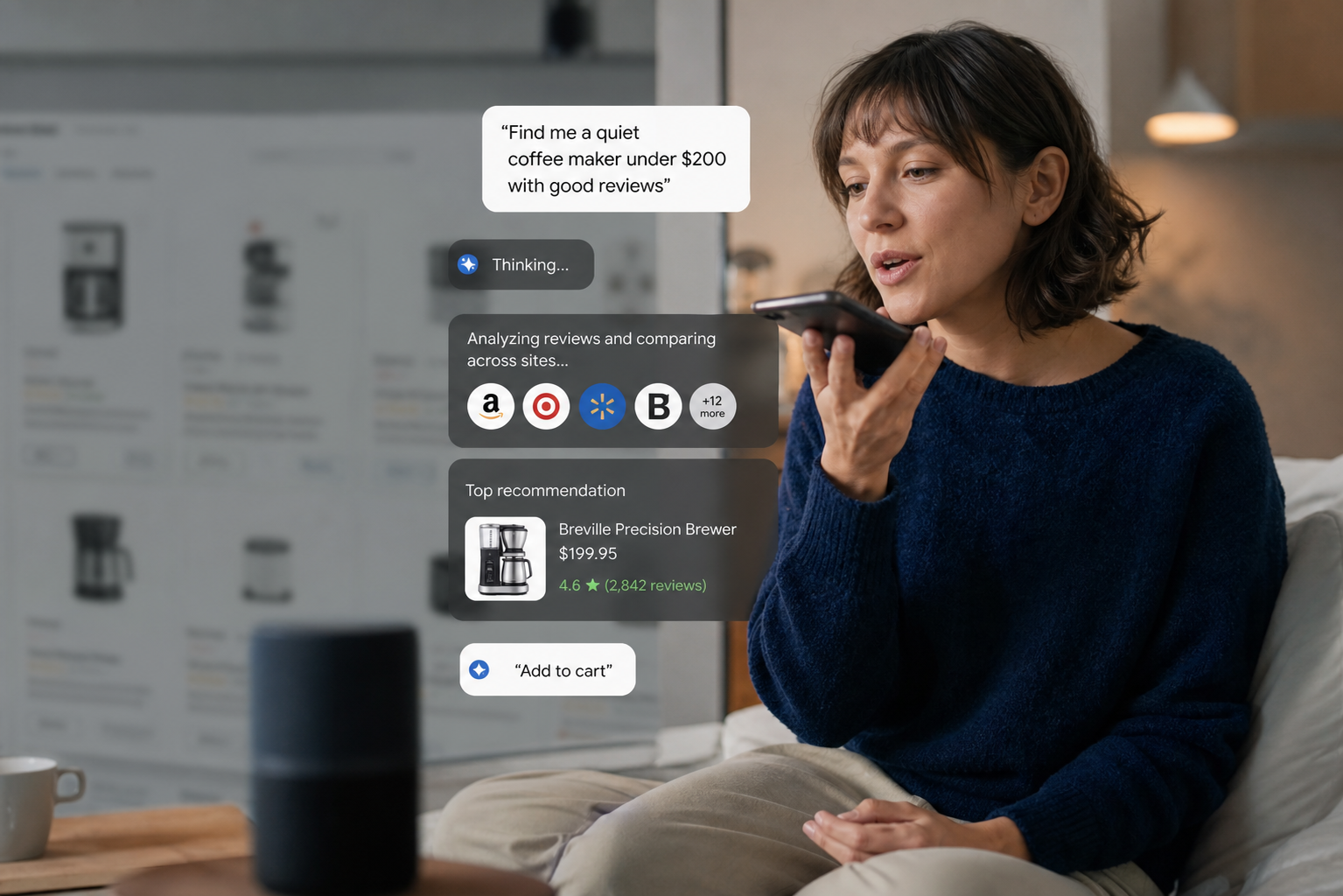 An AI agent voice interface — the retail assistant that routes intent to the right stockist.