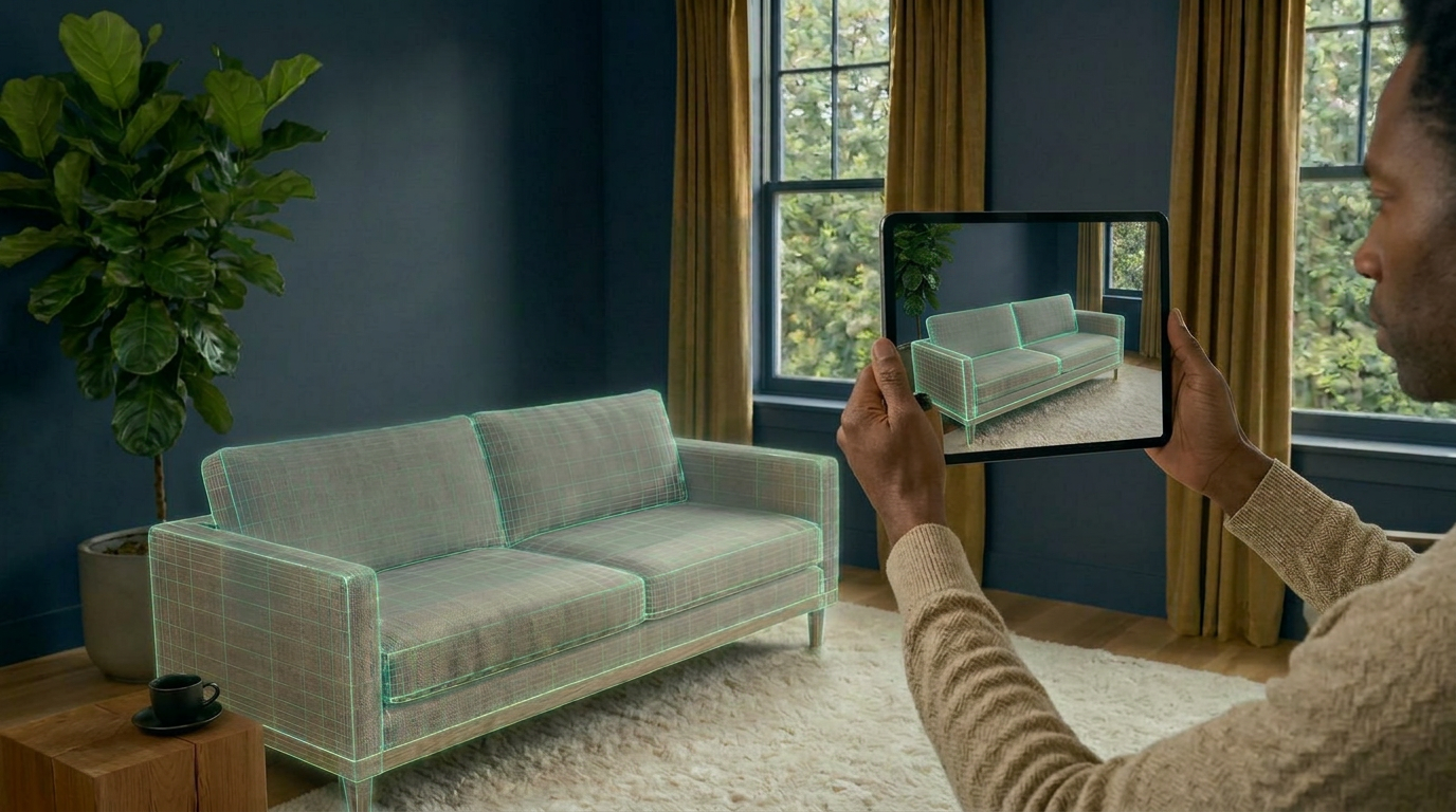 A sofa visualised in AR — a green HMesh wireframe showing the product at correct scale in a real living room.