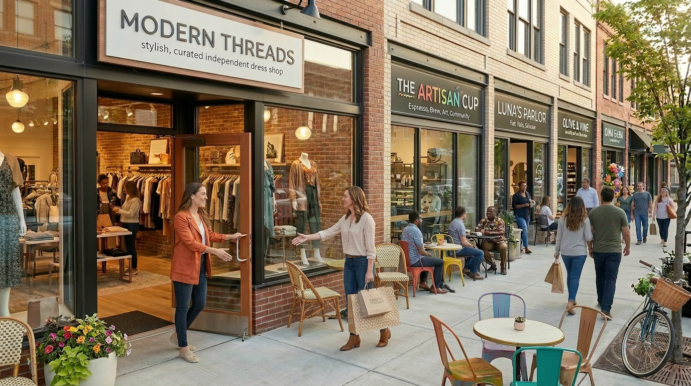 A lively independent high street — lit shopfronts, a shopkeeper greeting a customer at the door, people at pavement tables.