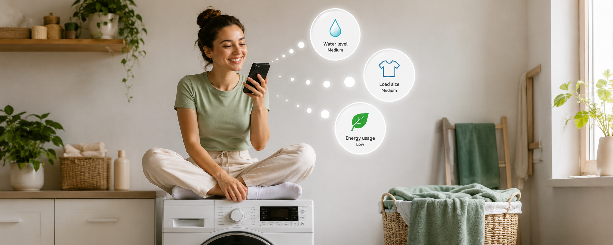 A relaxed customer checks her phone beside a washing machine; structured data floats beside it.